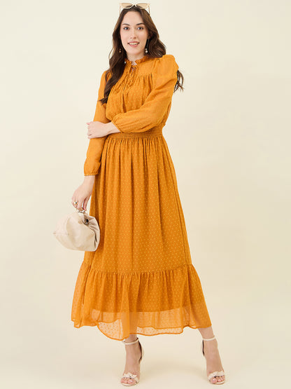 Dobby Mesh High Neck Maxi Dress with Smocked Waist