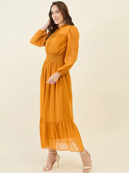 Dobby Mesh High Neck Maxi Dress with Smocked Waist