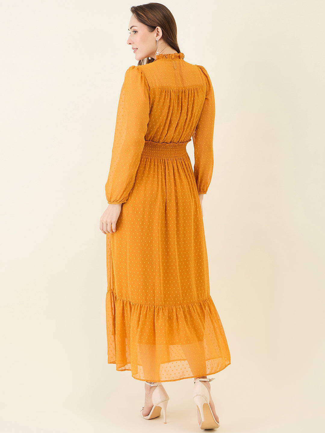 Dobby Mesh High Neck Maxi Dress with Smocked Waist