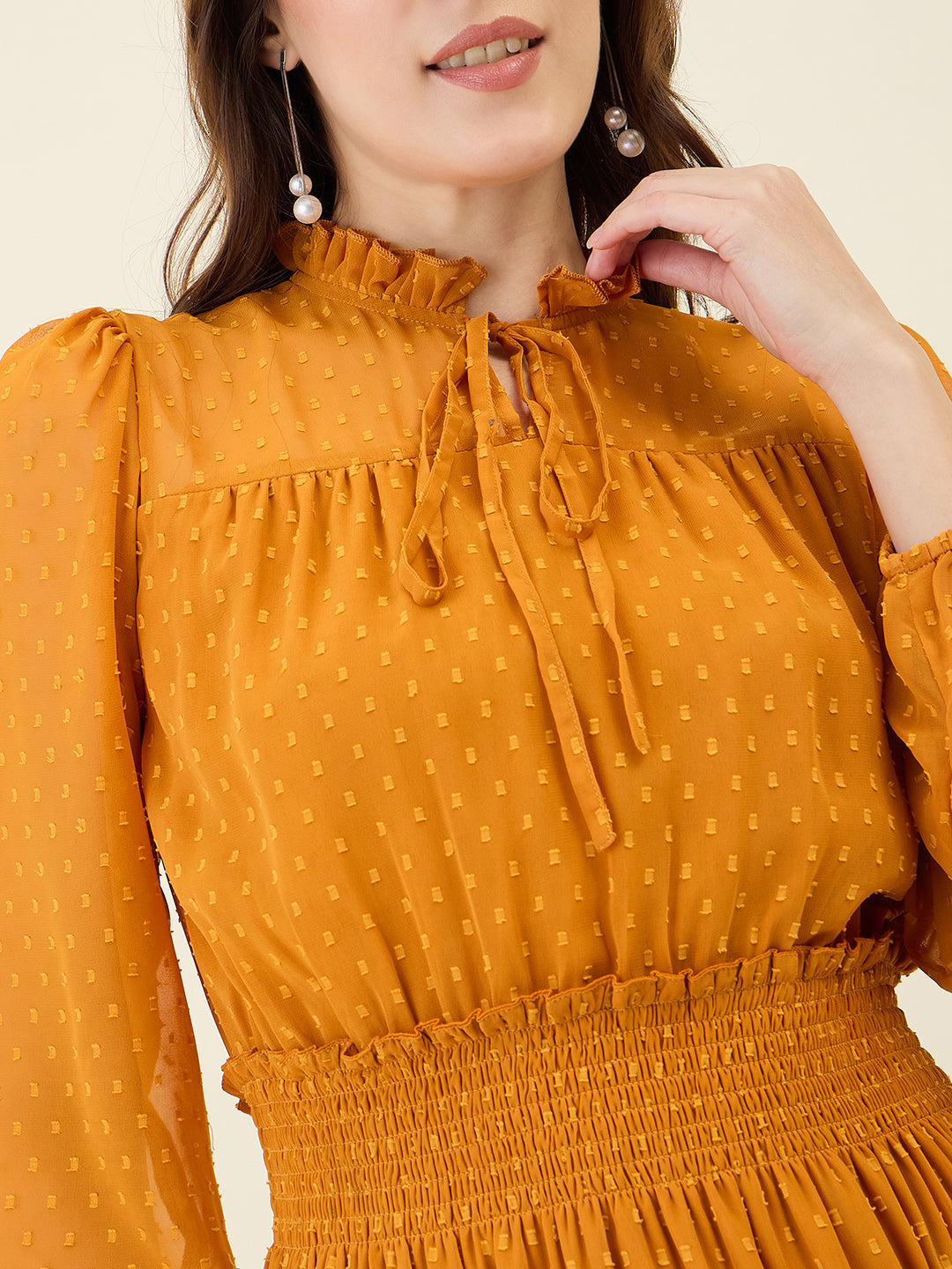 Dobby Mesh High Neck Maxi Dress with Smocked Waist