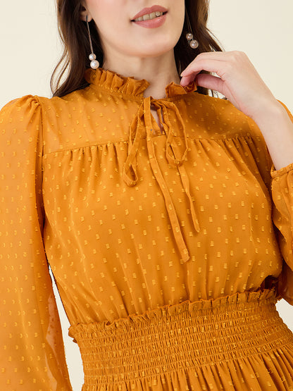 Dobby Mesh High Neck Maxi Dress with Smocked Waist