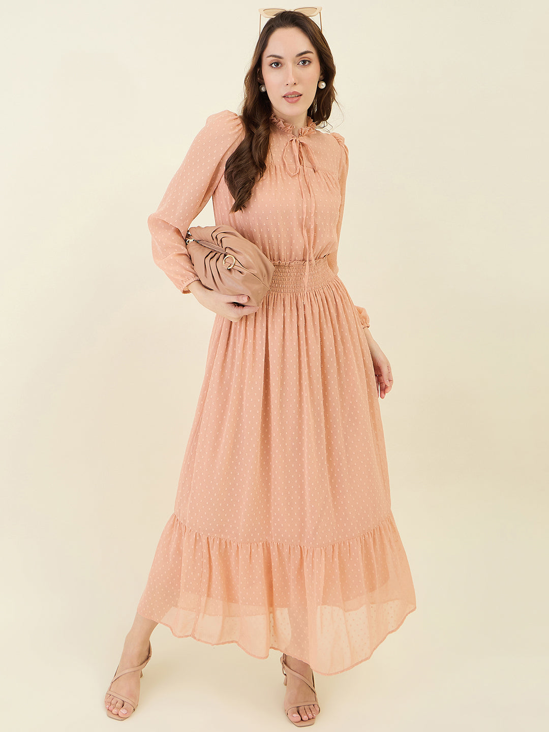 Dobby Mesh High Neck Maxi Dress with Smocked Waist