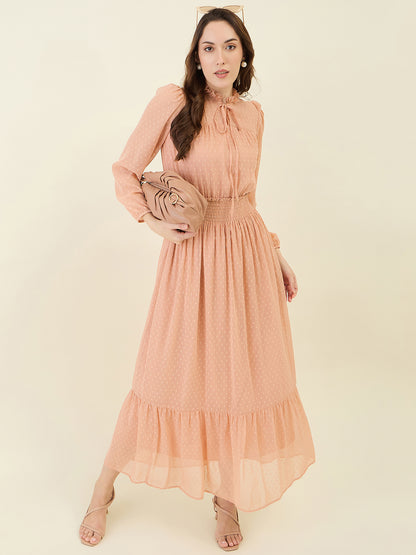 Dobby Mesh High Neck Maxi Dress with Smocked Waist