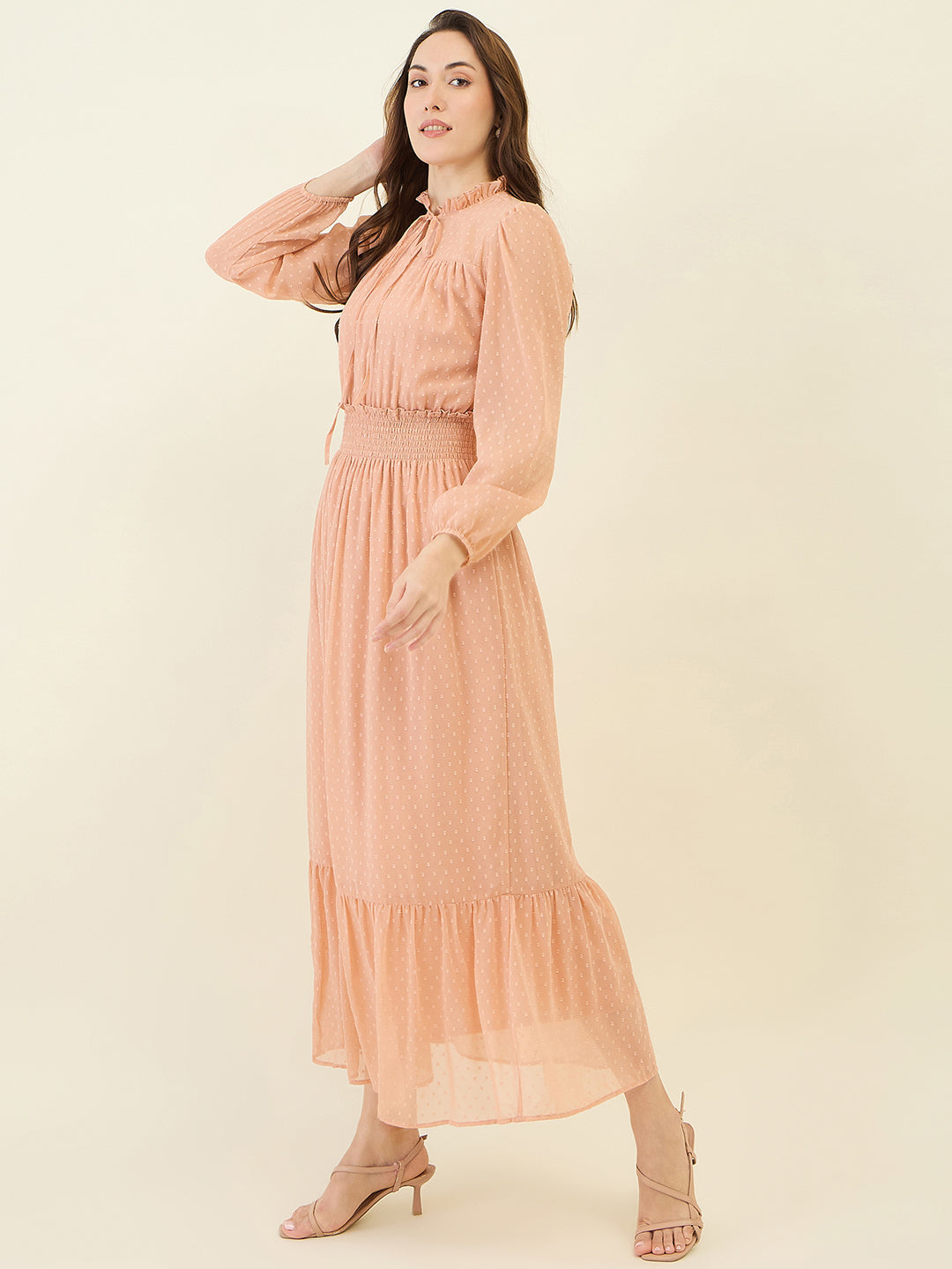 Dobby Mesh High Neck Maxi Dress with Smocked Waist