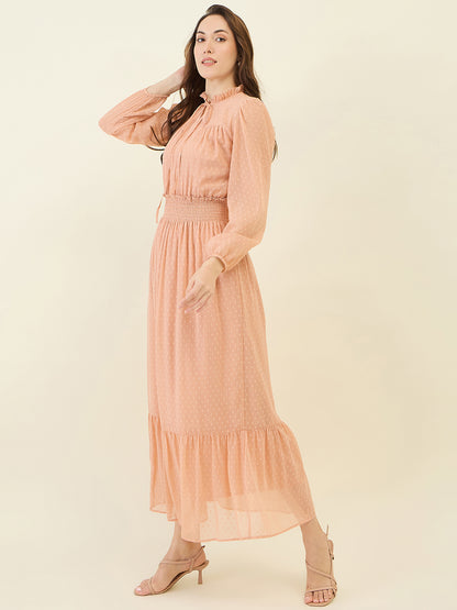 Dobby Mesh High Neck Maxi Dress with Smocked Waist