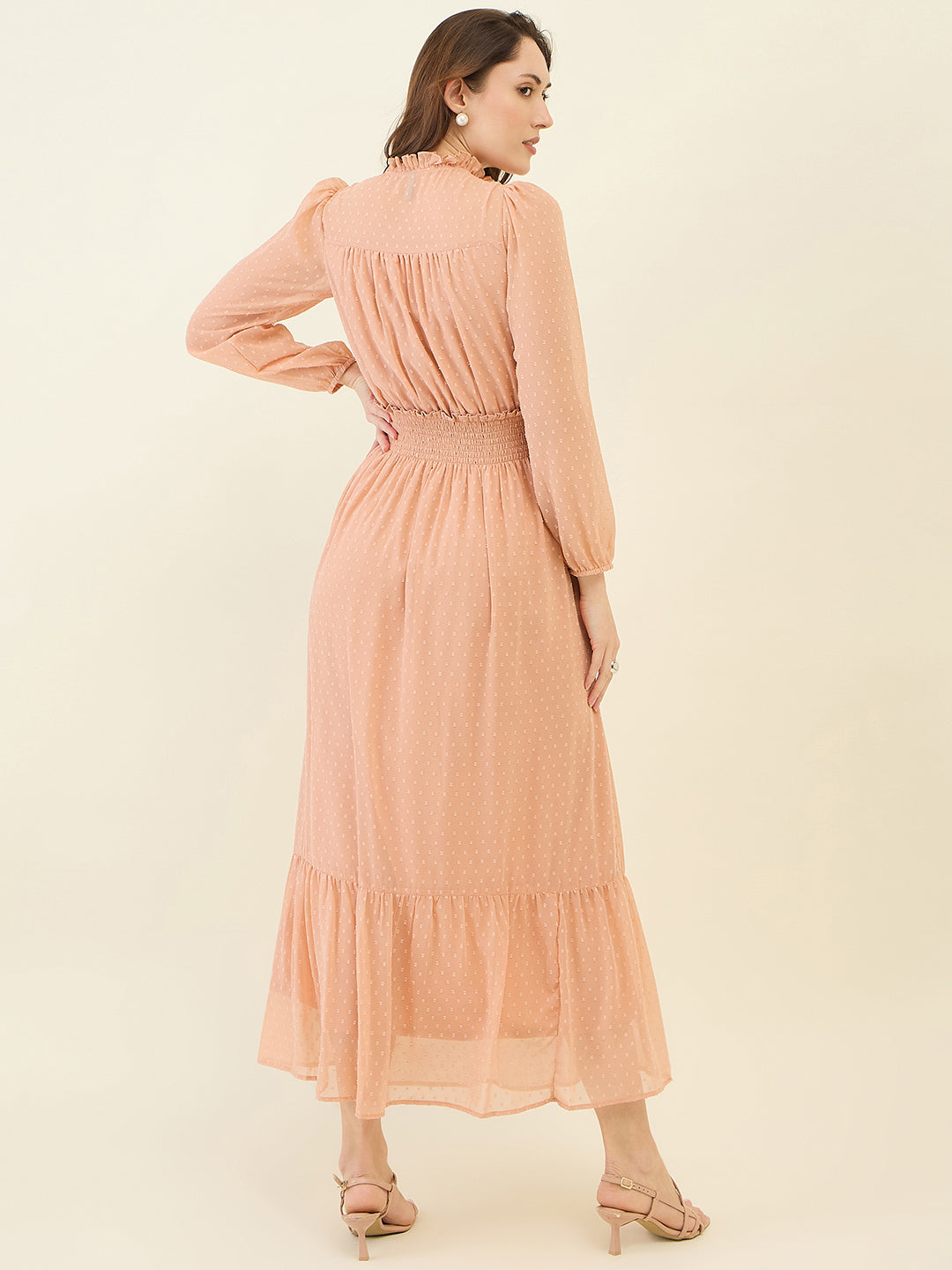 Dobby Mesh High Neck Maxi Dress with Smocked Waist