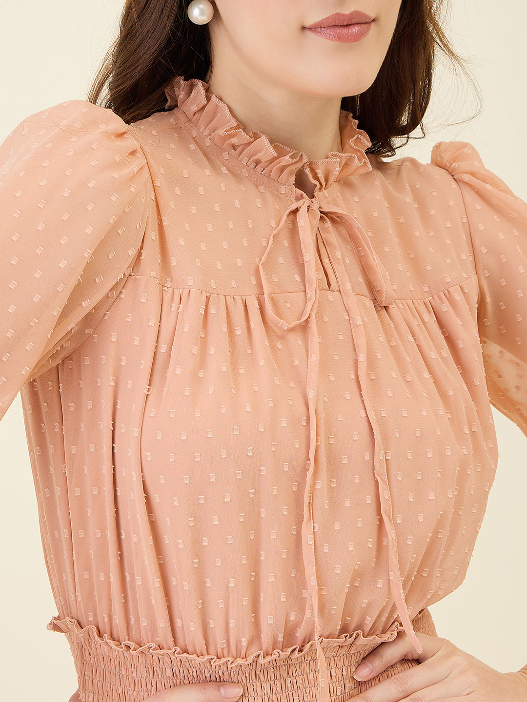 Dobby Mesh High Neck Maxi Dress with Smocked Waist