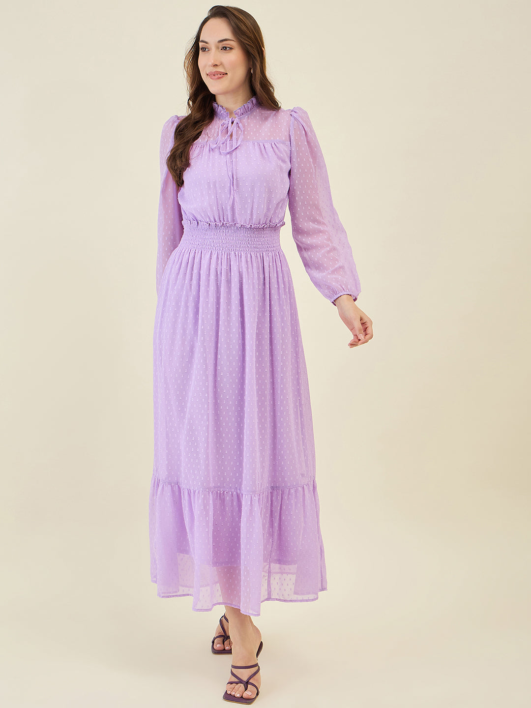 Dobby Mesh High Neck Maxi Dress with Smocked Waist