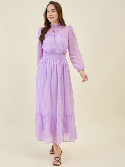 Dobby Mesh High Neck Maxi Dress with Smocked Waist