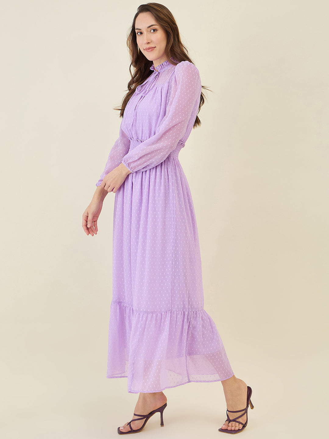 Dobby Mesh High Neck Maxi Dress with Smocked Waist