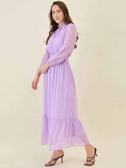 Dobby Mesh High Neck Maxi Dress with Smocked Waist