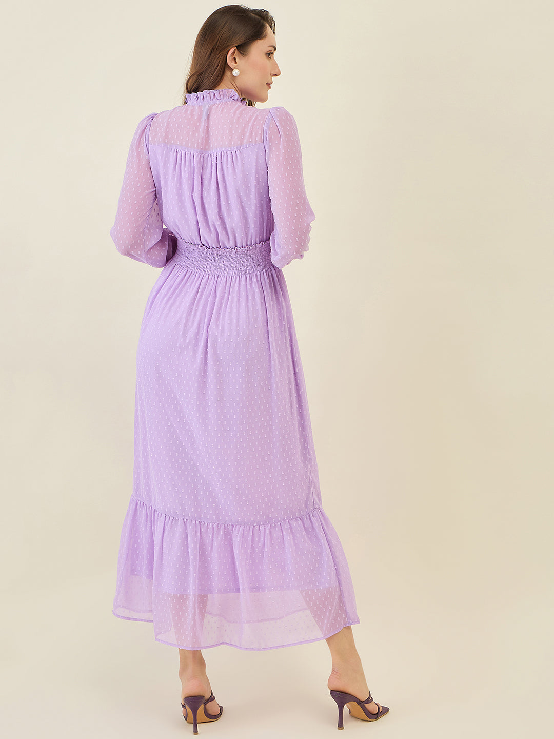 Dobby Mesh High Neck Maxi Dress with Smocked Waist