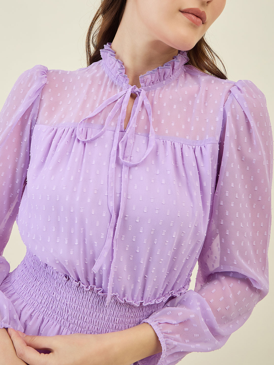 Dobby Mesh High Neck Maxi Dress with Smocked Waist