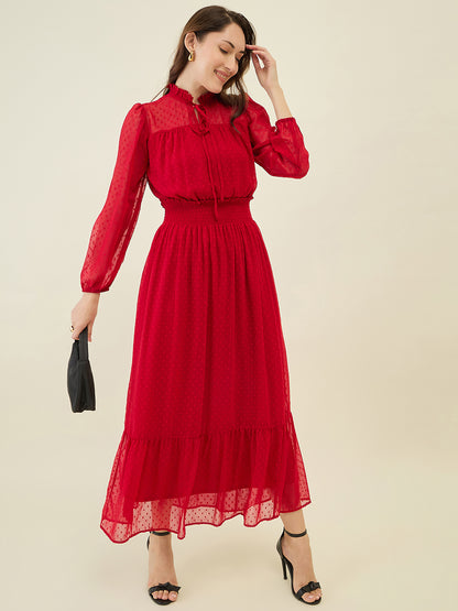 Dobby Mesh High Neck Maxi Dress with Smocked Waist