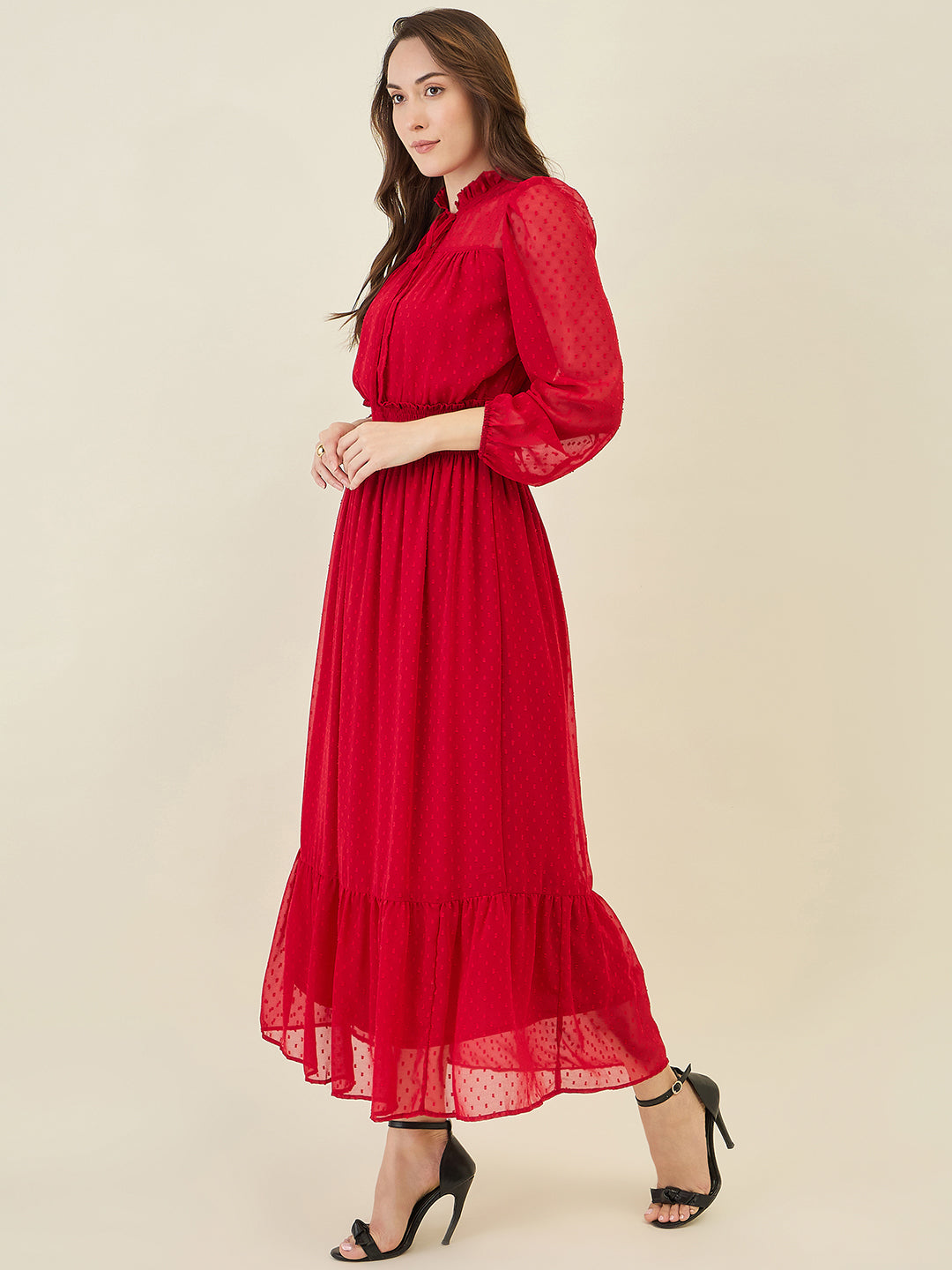 Dobby Mesh High Neck Maxi Dress with Smocked Waist