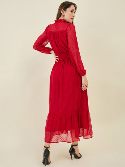 Dobby Mesh High Neck Maxi Dress with Smocked Waist