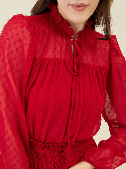 Dobby Mesh High Neck Maxi Dress with Smocked Waist