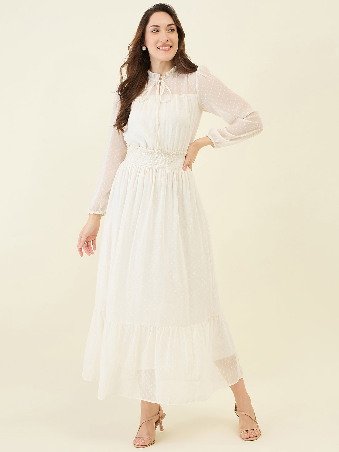 Dobby Mesh High Neck Maxi Dress with Smocked Waist