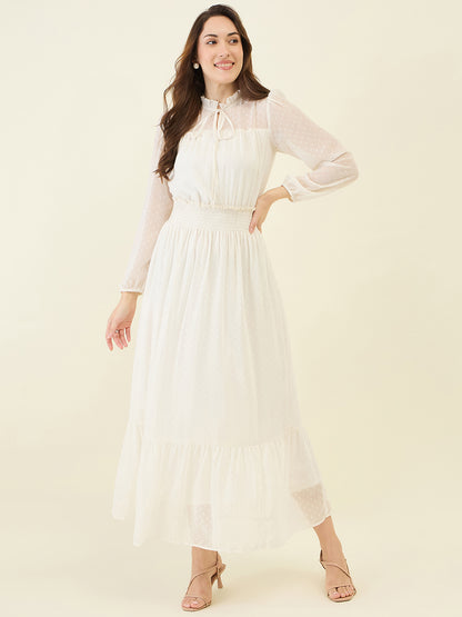 Dobby Mesh High Neck Maxi Dress with Smocked Waist