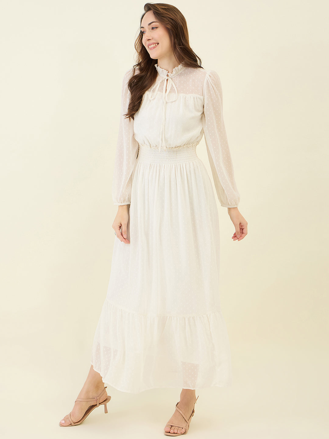 Dobby Mesh High Neck Maxi Dress with Smocked Waist