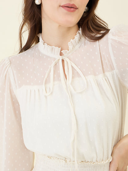 Dobby Mesh High Neck Maxi Dress with Smocked Waist