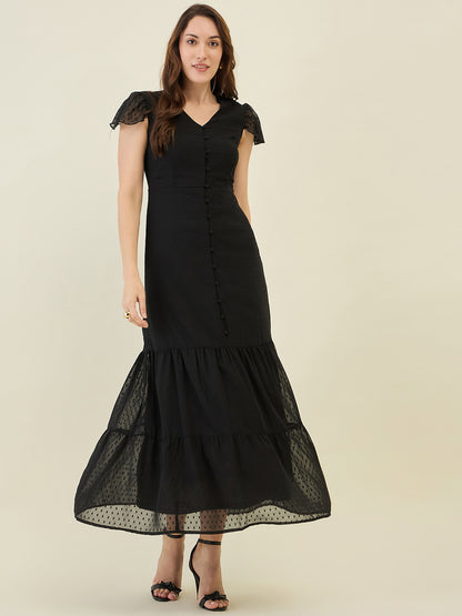 Dobby Mesh Tiered Maxi Dress with Cape Sleeves