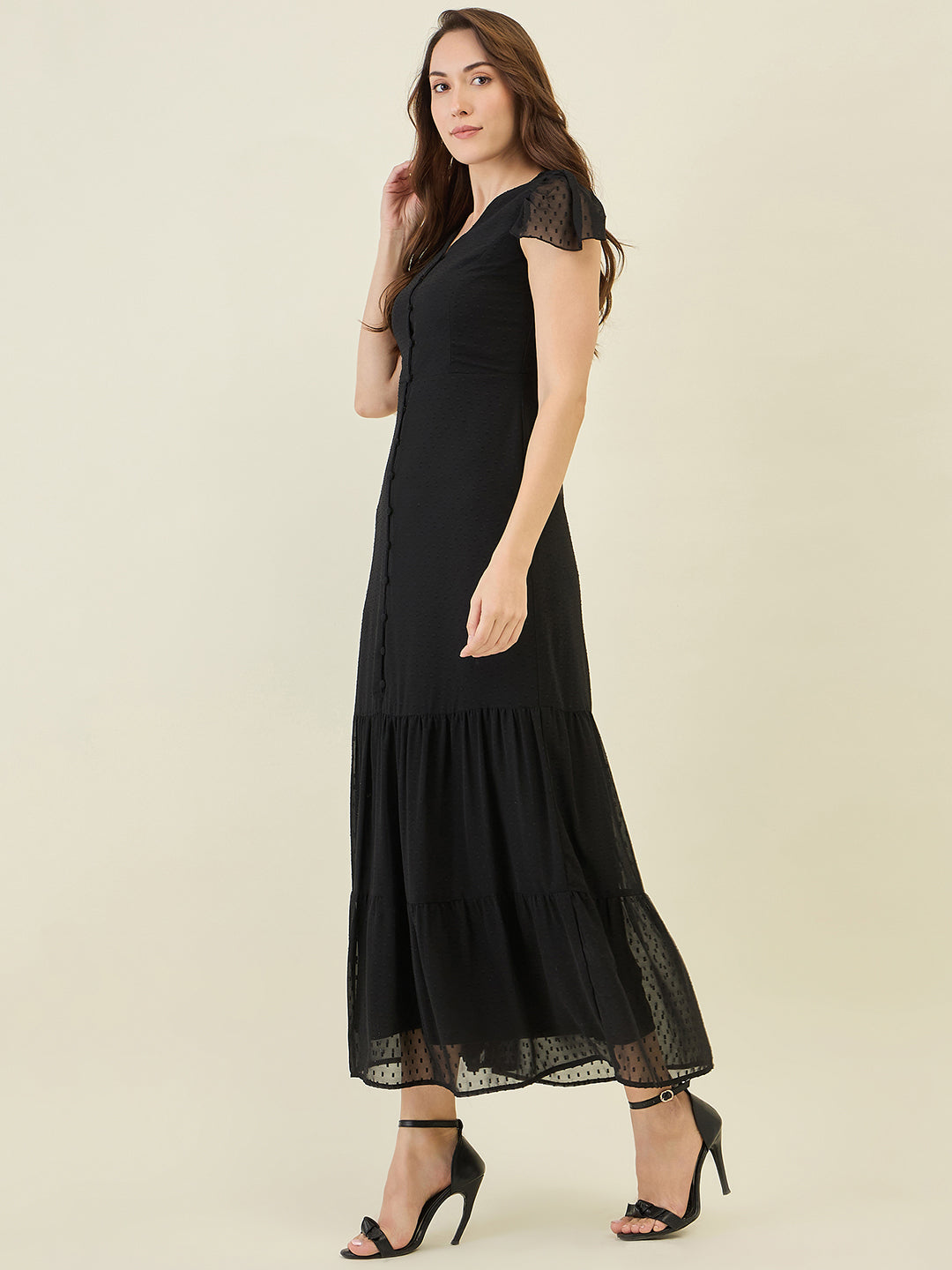 Dobby Mesh Tiered Maxi Dress with Cape Sleeves