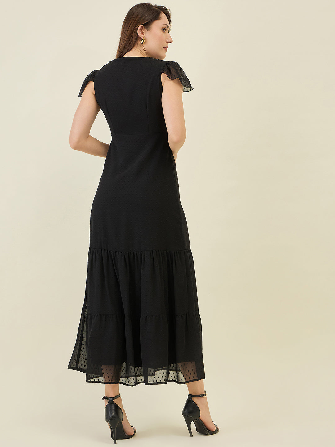 Dobby Mesh Tiered Maxi Dress with Cape Sleeves