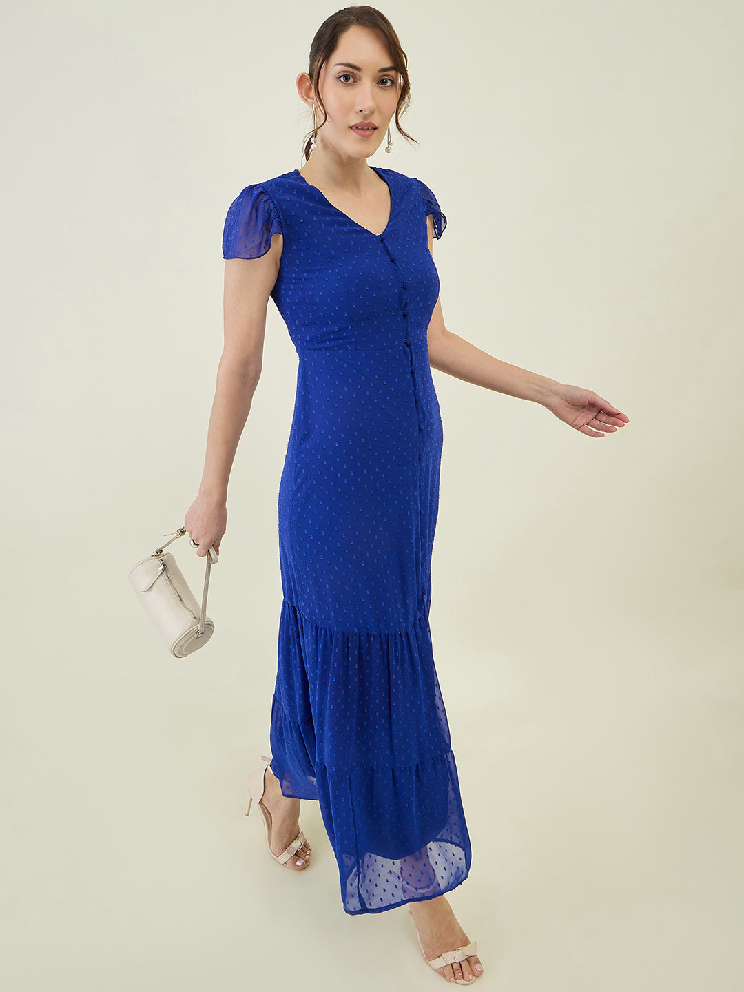 Dobby Mesh Tiered Maxi Dress with Cape Sleeves