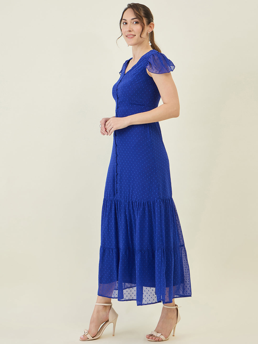 Dobby Mesh Tiered Maxi Dress with Cape Sleeves
