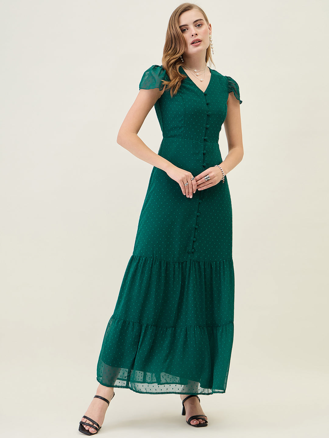 Dobby Mesh Tiered Maxi Dress with Cape Sleeves