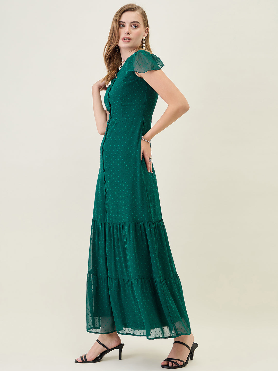 Dobby Mesh Tiered Maxi Dress with Cape Sleeves