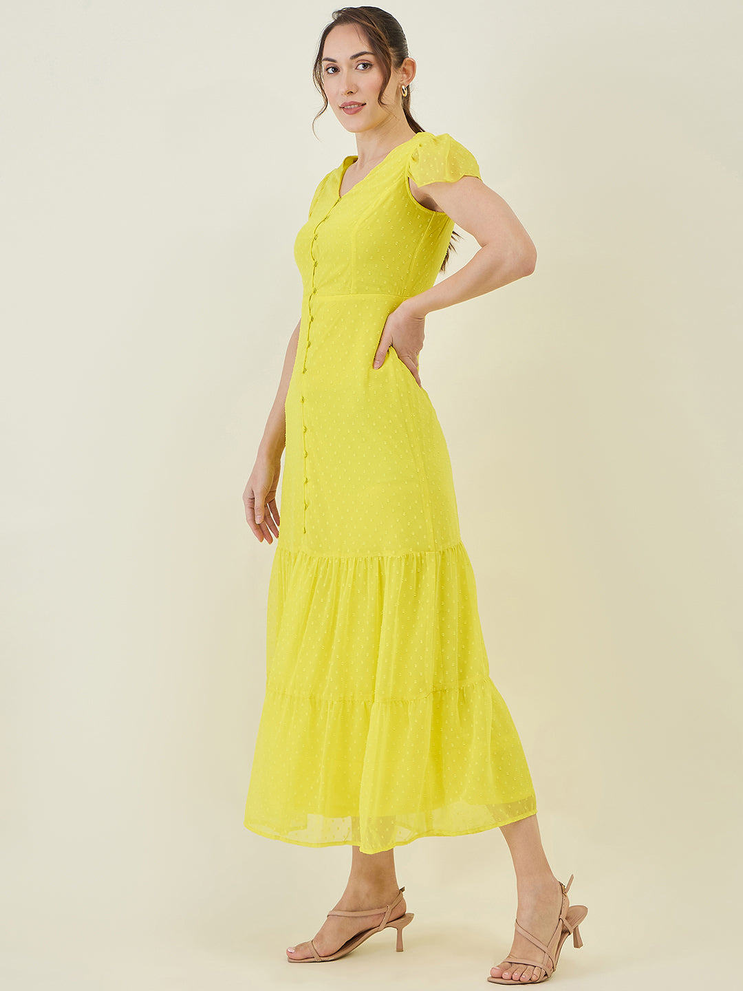 Dobby Mesh Tiered Maxi Dress with Cape Sleeves