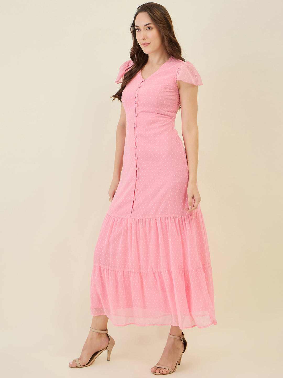 Dobby Mesh Tiered Maxi Dress with Cape Sleeves