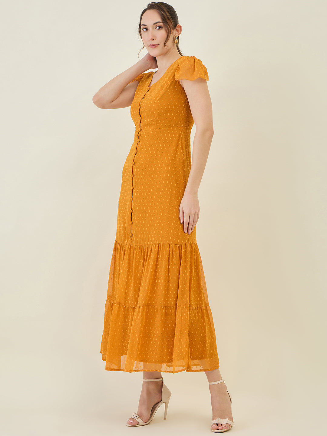 Dobby Mesh Tiered Maxi Dress with Cape Sleeves