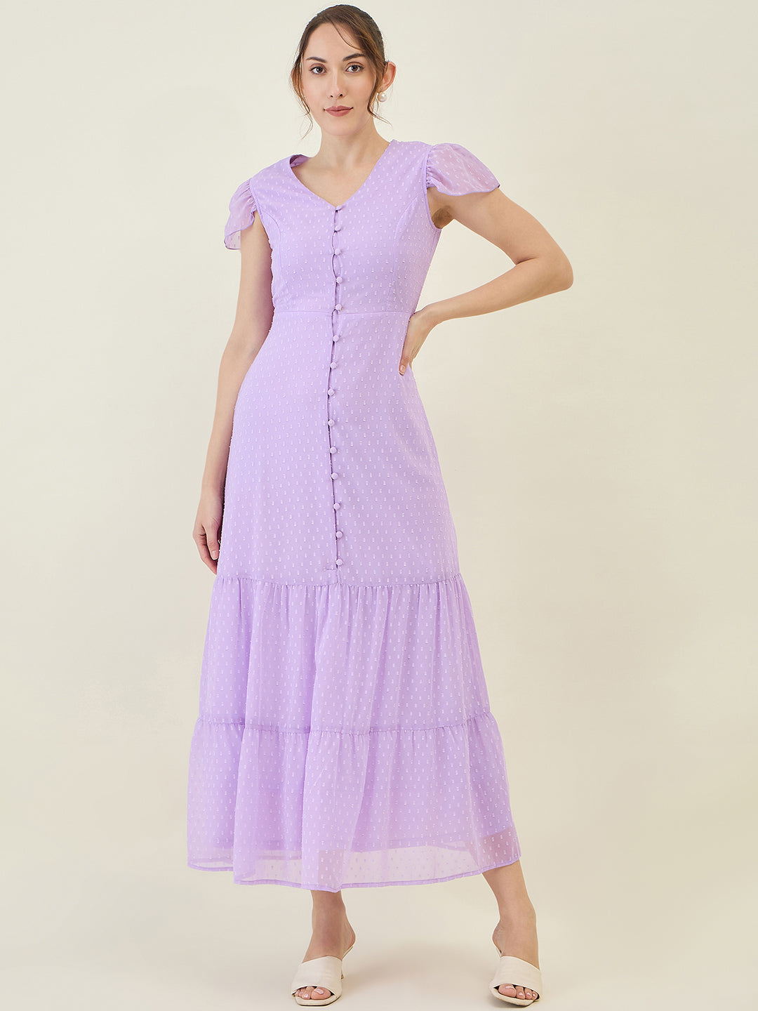 Dobby Mesh Tiered Maxi Dress with Cape Sleeves