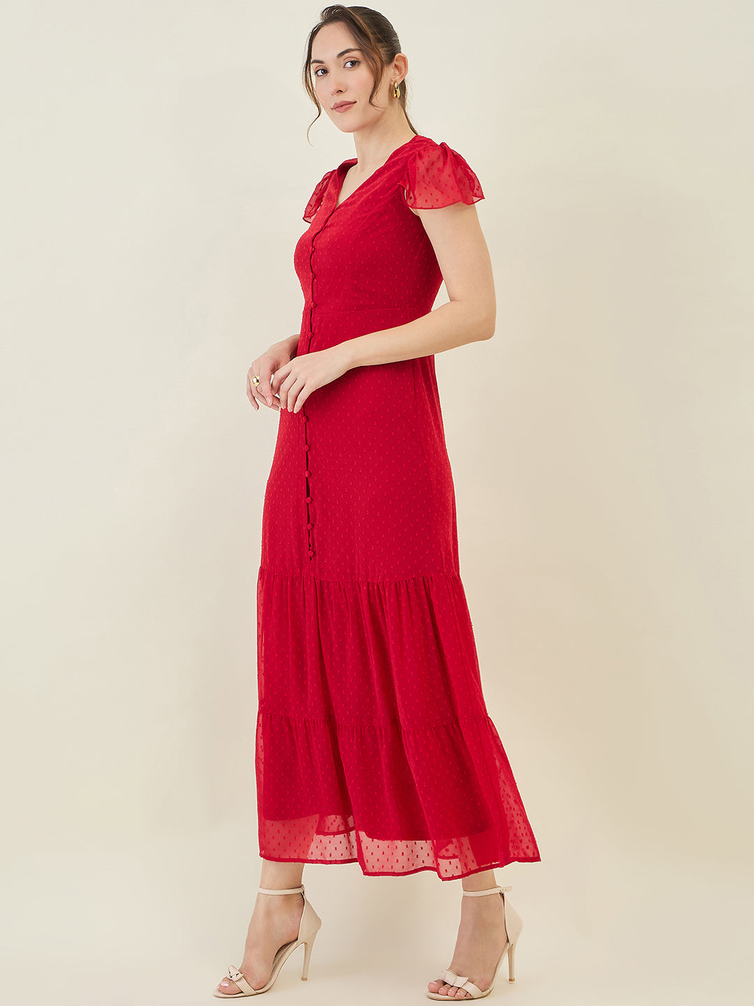 Dobby Mesh Tiered Maxi Dress with Cape Sleeves