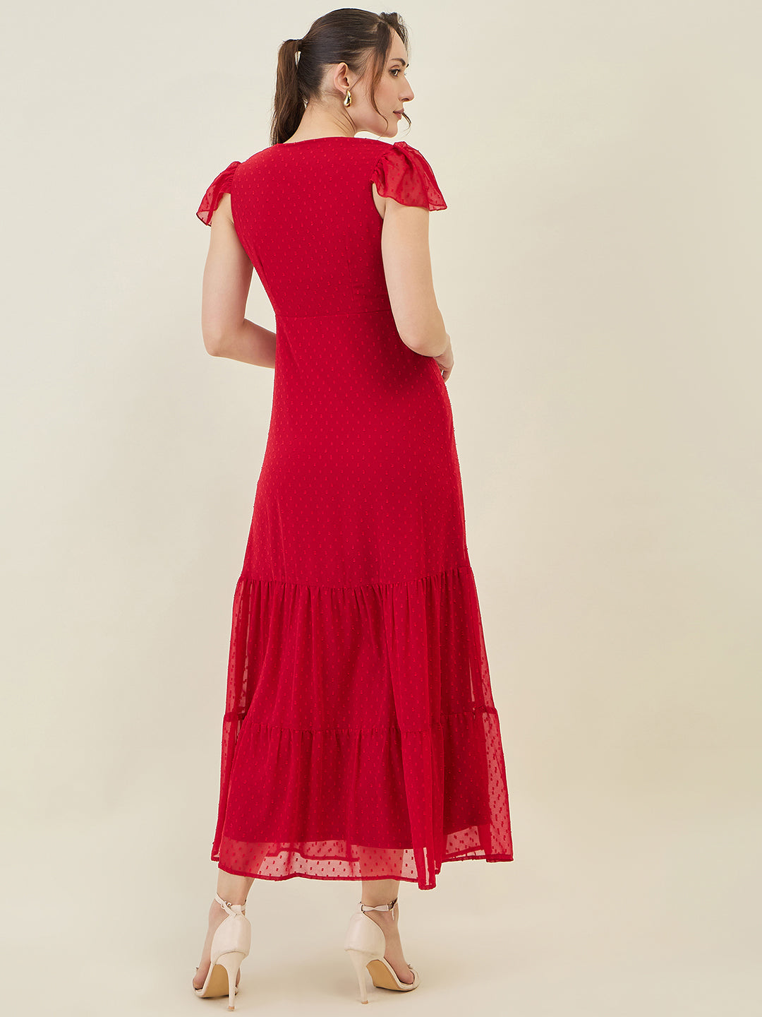 Dobby Mesh Tiered Maxi Dress with Cape Sleeves