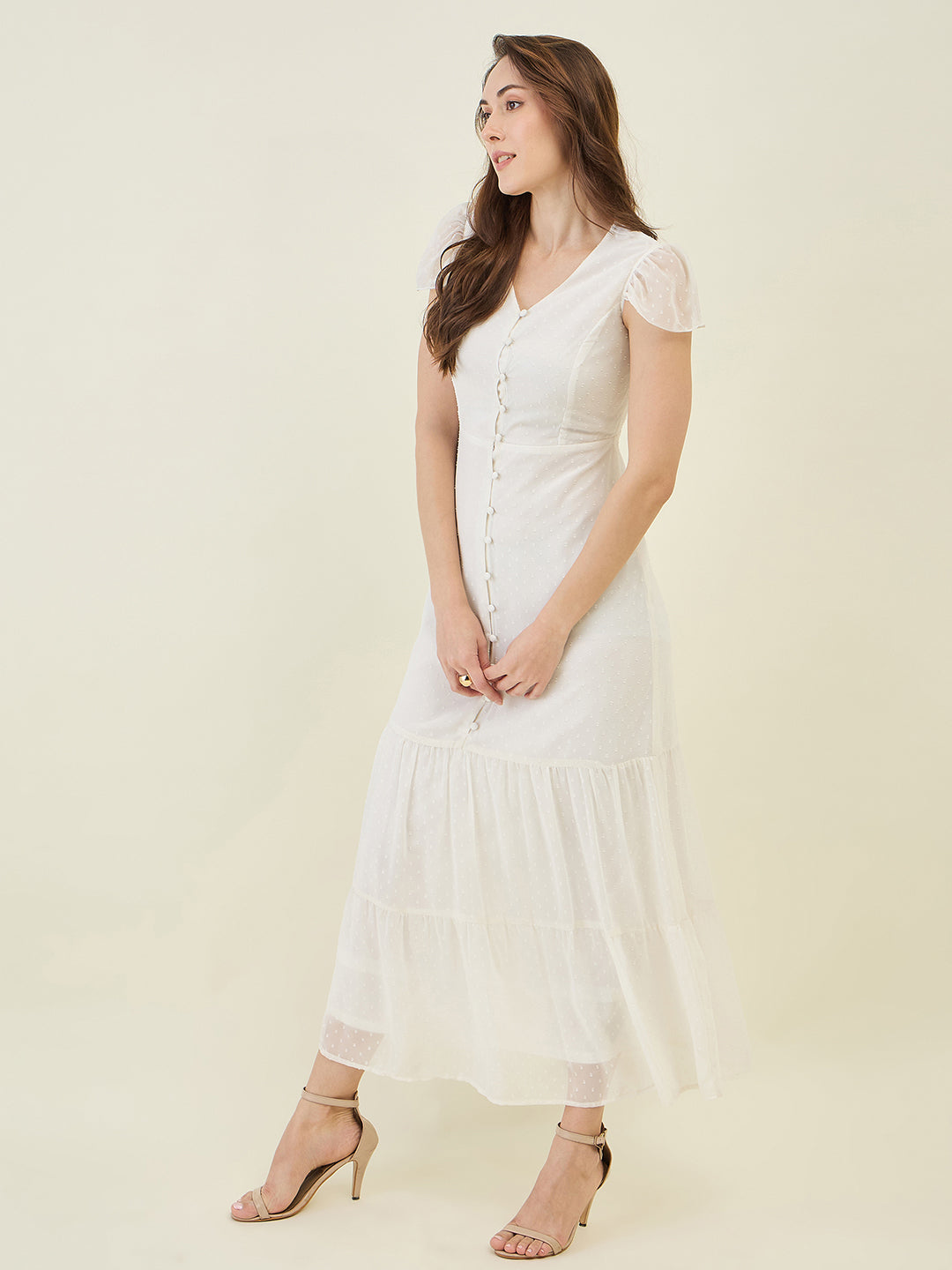 Dobby Mesh Tiered Maxi Dress with Cape Sleeves