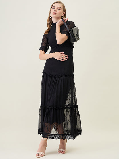 Dobby Mesh Tiered Maxi Dress with Lace Trim