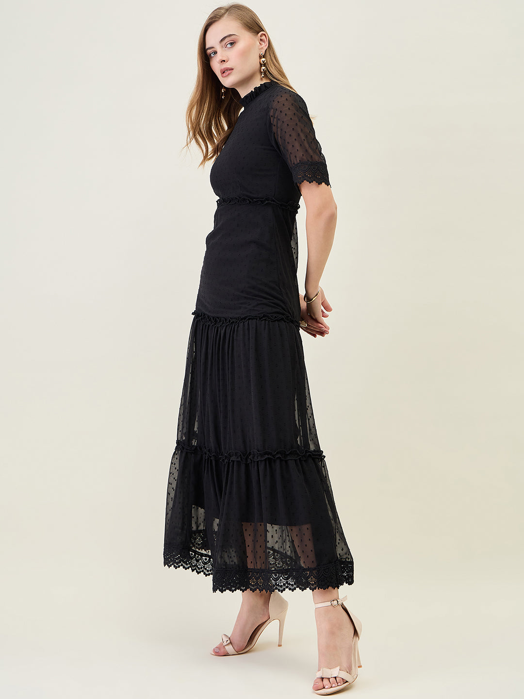 Dobby Mesh Tiered Maxi Dress with Lace Trim