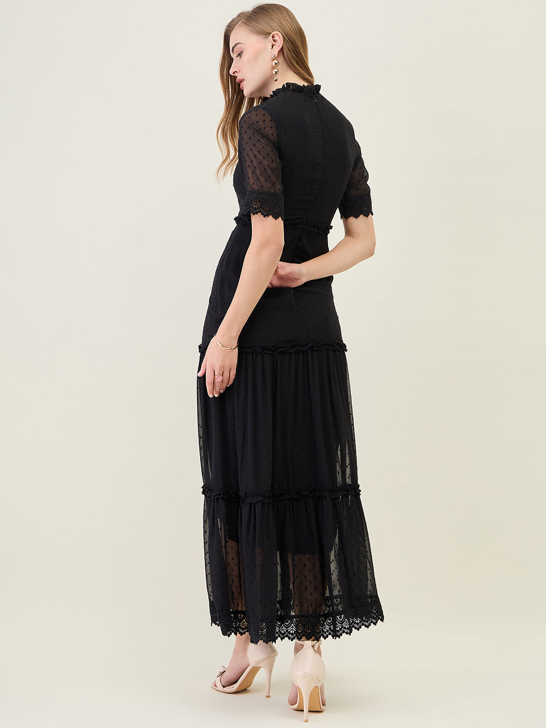Dobby Mesh Tiered Maxi Dress with Lace Trim
