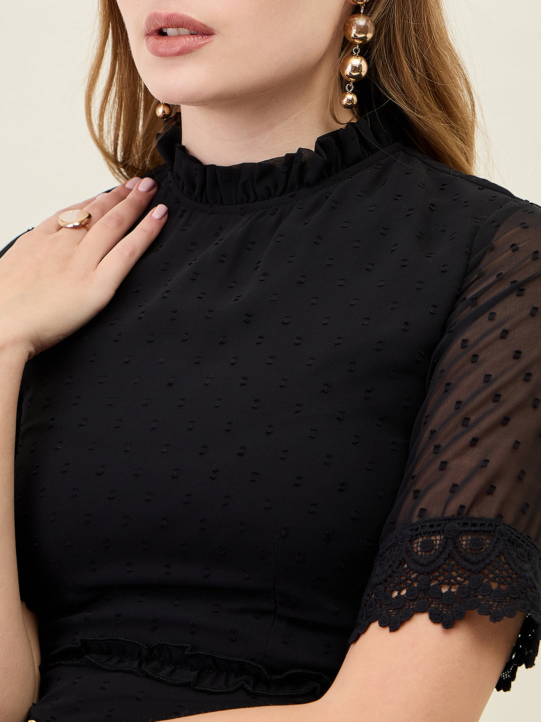 Dobby Mesh Tiered Maxi Dress with Lace Trim