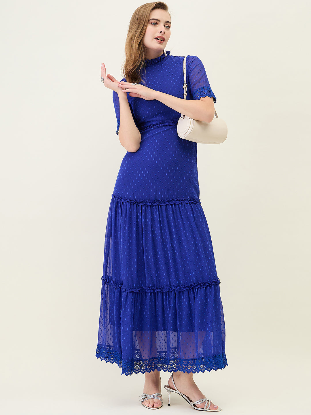 Dobby Mesh Tiered Maxi Dress with Lace Trim