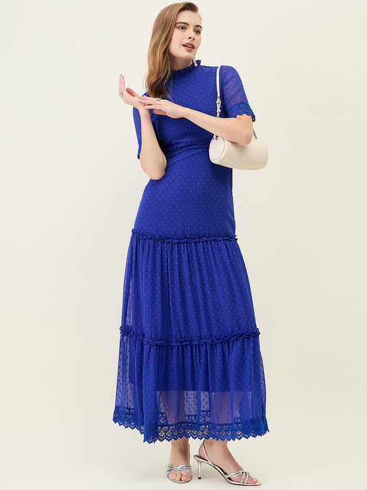 Dobby Mesh Tiered Maxi Dress with Lace Trim