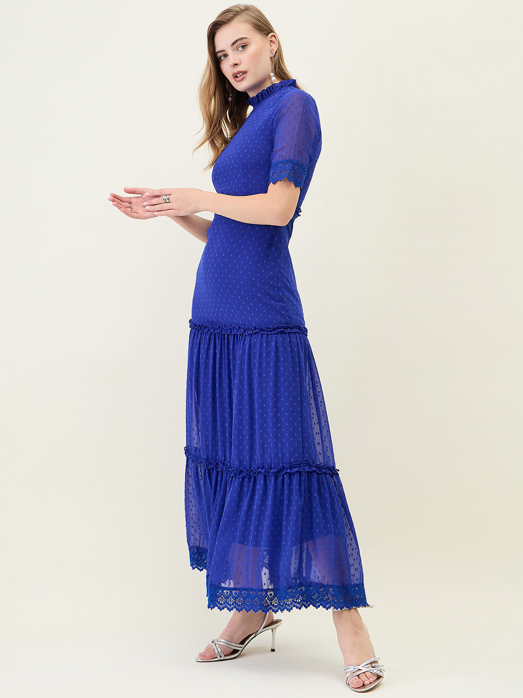 Dobby Mesh Tiered Maxi Dress with Lace Trim