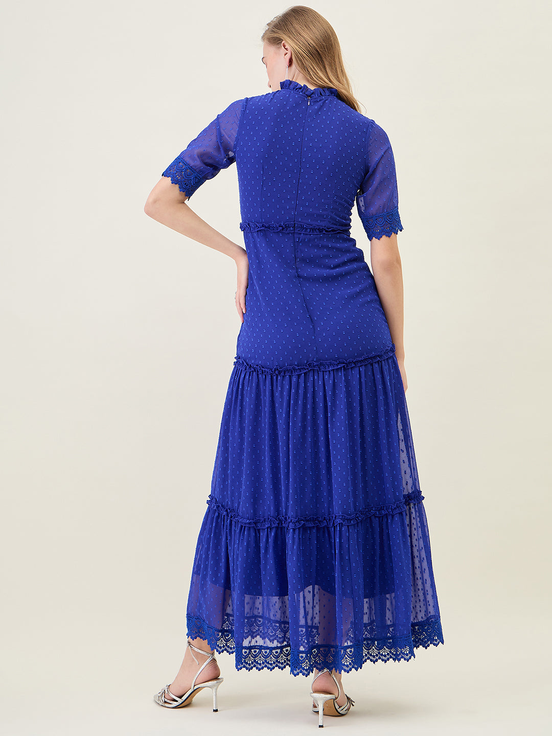 Dobby Mesh Tiered Maxi Dress with Lace Trim