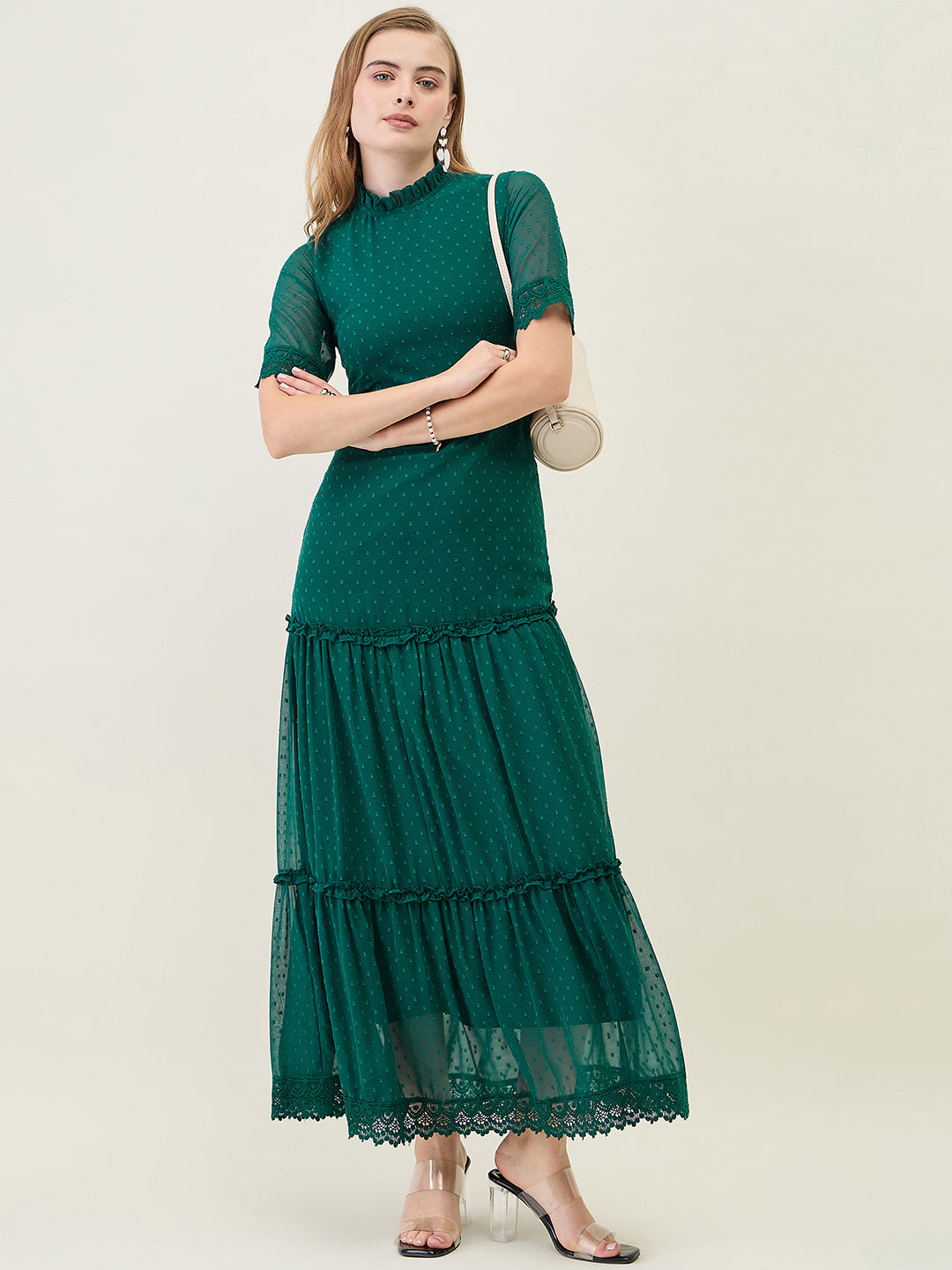 Dobby Mesh Tiered Maxi Dress with Lace Trim