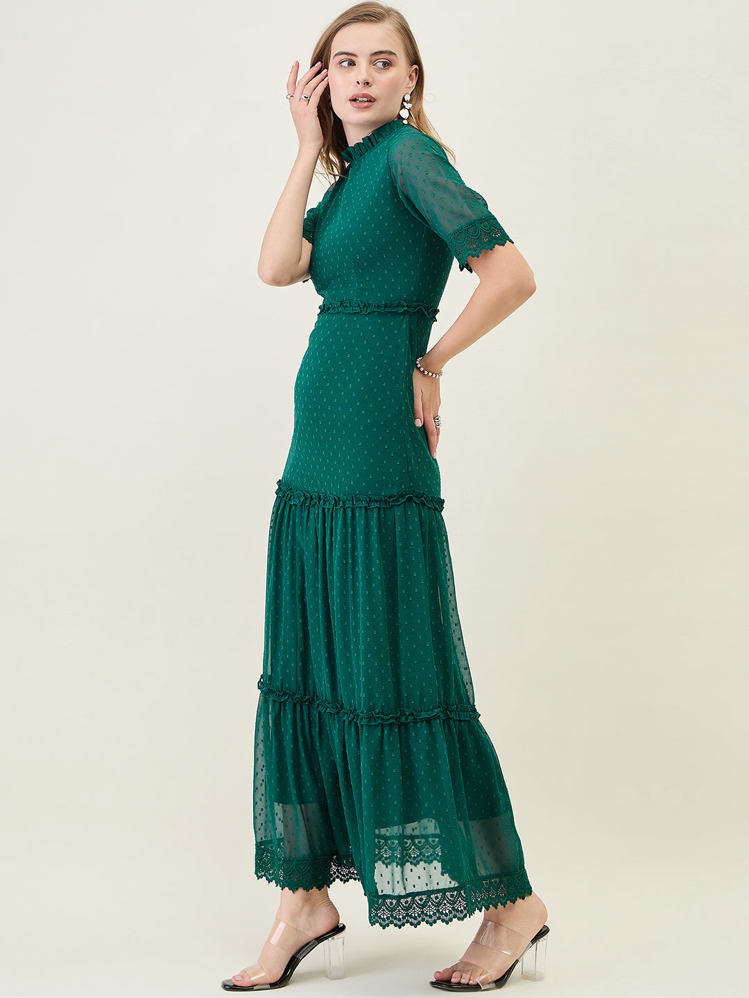 Dobby Mesh Tiered Maxi Dress with Lace Trim