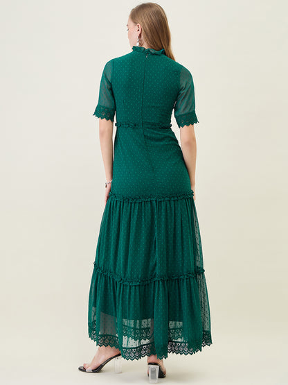 Dobby Mesh Tiered Maxi Dress with Lace Trim
